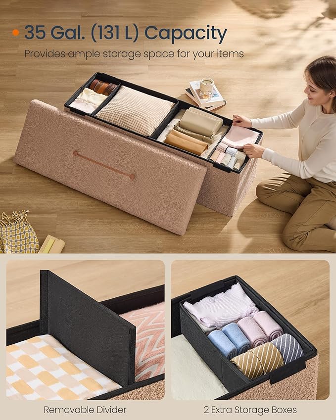 SONGMICS Storage Ottoman Bench, Storage Chest, 15 x 43 x 15 Inches, Foot Rest Stool, End of Bed Bench, Load up to 660 lb, for Living Room, Bedroom, Entryway, Camel Brown ULSF097K01