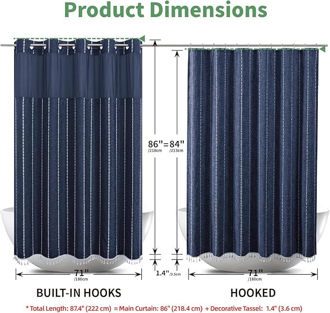 No Hook Extra Long Shower Curtain Set with Snap-in Liner,Linen Textured Thick Striped Fabric with Tassels,Boho Chic Modern Farmhouse Bathroom Curtain,Water-Repellent,Navy Blue,71x86