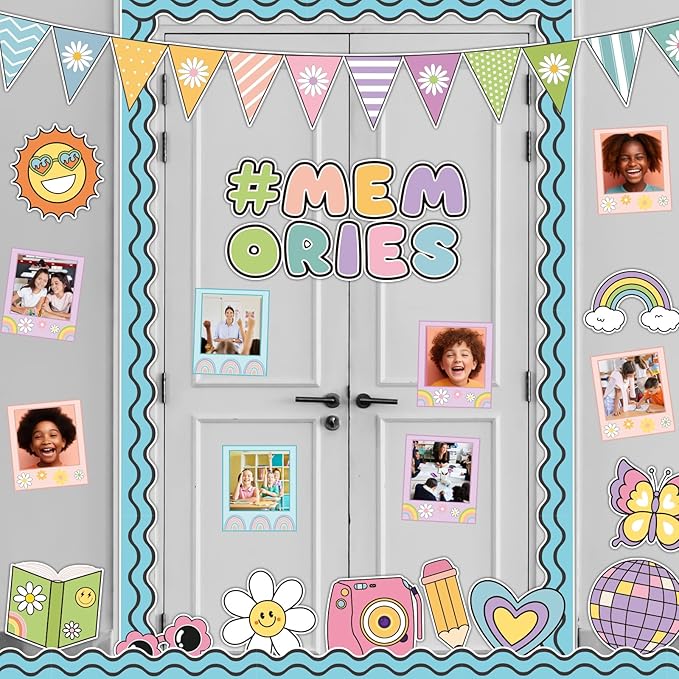 Groovy End of Year Bulletin Board for Classroom Decoration 2026 Graduation Memories Boho Retro Hippie Bulletin Board Set Rainbow Cutouts Daisy Diy Photo Picture Frame for Chalkboard Wall Teacher