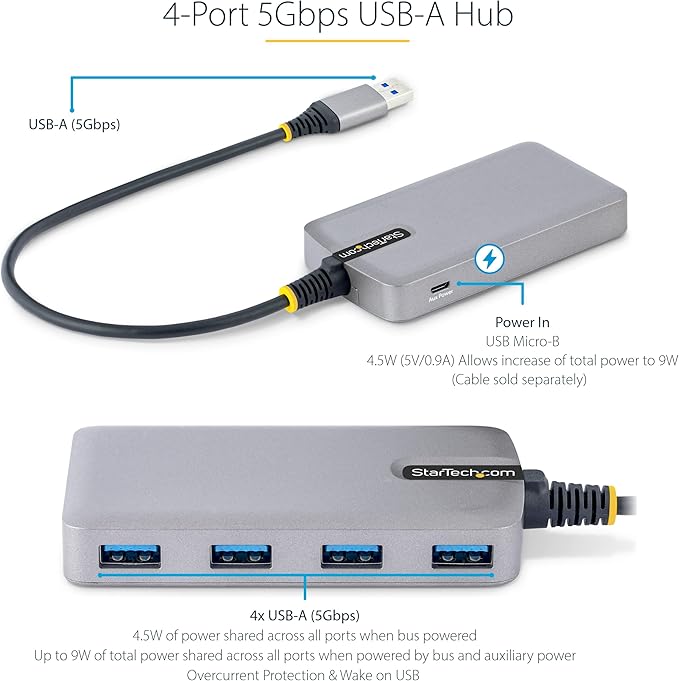 StarTech.com 4-Port USB Hub - USB 3.0 5Gbps, Bus Powered, USB-A to 4X USB-A Hub w/Optional Auxiliary Power Input - Portable Desktop/Laptop USB Hub, 1ft/30cm Cable, USB Expansion Hub (5G4AB-USB-A-HUB)