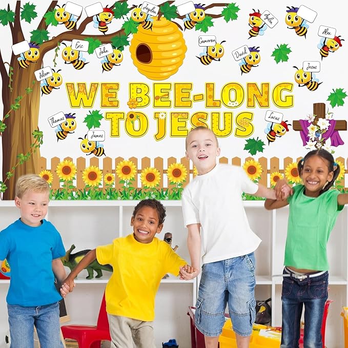 gisgfim Bee Bulletin Board Decoration Set Bee Jesus Religious Borders Cutouts for Classroom Door VBS Christian Sunday School Sunnmer Welcome Bulletin Board Craft Home Wall (We Bee-Long to Jesus)