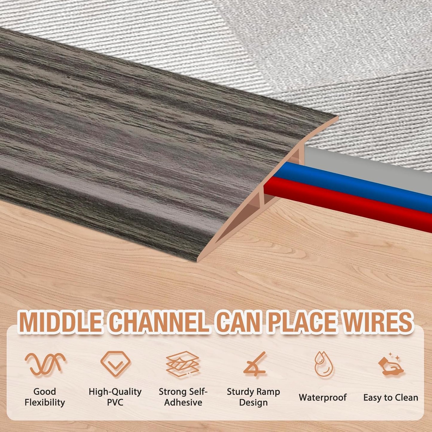 Floor Transition Strip Self Adhesive Vinyl Door Threshold for Doorways Carpet Edging Trim Overlap Edge Reducer for Laminate Floor, Carpet, Tile (Grayish Brown Wood Grain, 1/5" to 2/5", 3.3Ft)
