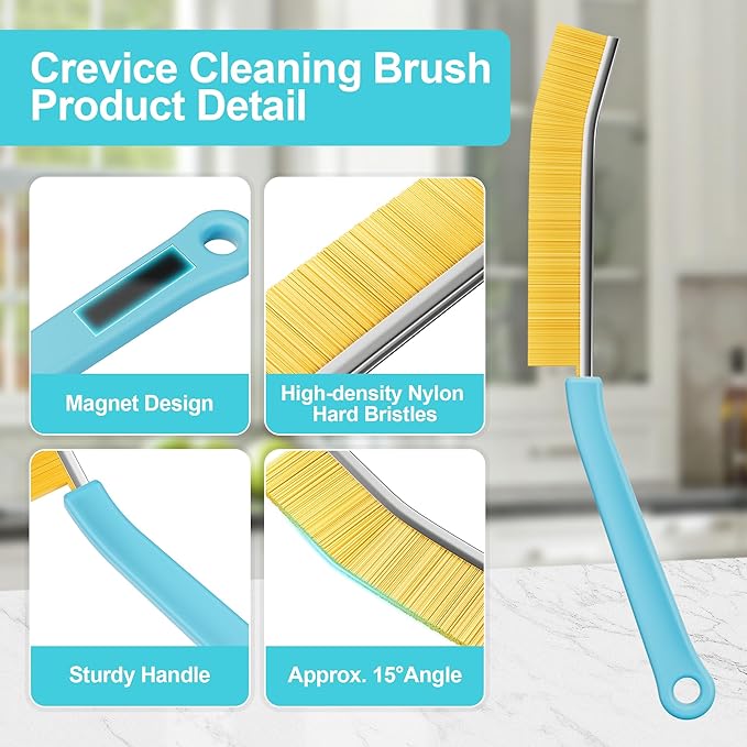 JOYMOOP 4 Pack Crevice Cleaning Brush, Turquoise Hard Bristle Grout Brush, House Cleaning Supplies, Magnetic Gap Cleaning Brush for Kitchen, Bathroom, Window, Toilet, Multifunctional Cleaning Tools