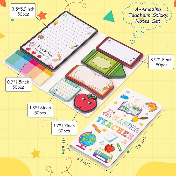 B1ykin Cute Sticky Notes Set - A+ Amazing Teacher Self-Stick Notes Pad, 550 Sheets Writing Memo Pages Sticky Notepad for Appreciation Gifts, School Office Party Favors Supplies (A+ Teacher)