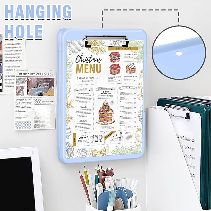 ANZNKU Clipboard with Storage 13x9.6 inches, Storage Clip Board Heavy Duty, Plastic Clipboard with Side Opening, Nursing Clip Board Foldable, Letter Size Smooth Writing for Work, Study(Light Blue)
