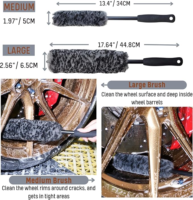 Refined Long Handle Car Wheel Brush Arsenal, Soft Wheel and Rim Brush,Tire Brush, Bendable & Durable Car Wheel Rim Cleaner Brush Set for Cleaning Wheel and Tire, Large, Grey & Black