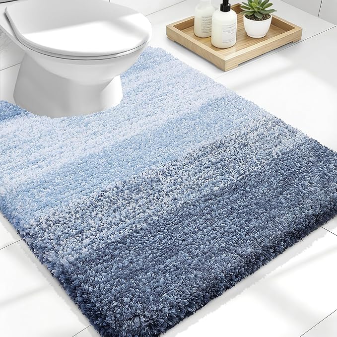 OLANLY Luxury Toilet Rugs U-Shaped 24x20, Extra Soft and Absorbent Microfiber Bathroom Rugs, Non-Slip Plush Shaggy Bath Mat, Machine Wash Dry, Contour Bathroom Mats for Toilet Base, Blue