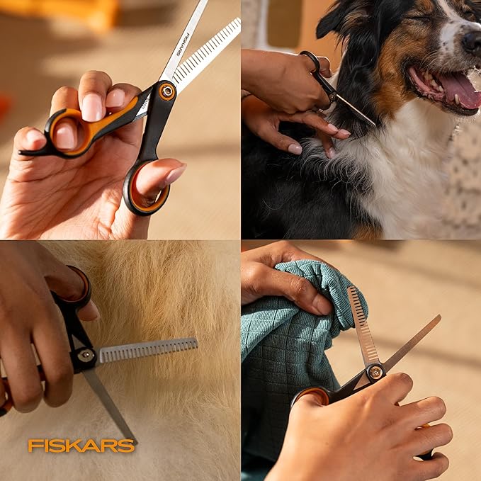 Fiskars Pet, Dog and Cat Grooming Scissors, Serrated Teeth for Thinning & SoftGrip Handle, Cat and Dog Supplies, 6.5”, Orange/Black, Blending Scissors
