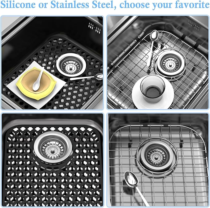 2 Pack Silicone Sink Protector for Kitchen Sink, 13.58" x 11.6" Heat-resistant Sink Mat Non-Slip and Durable Silicone Protectors, Rear Drain, Black
