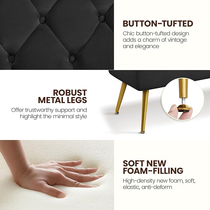 Yaheetech 45" Black Ottomans, Velvet End of Bed Bench, Ottoman Foot Rest with Gold Legs for Living Room, Bedroom, Entryway, Black