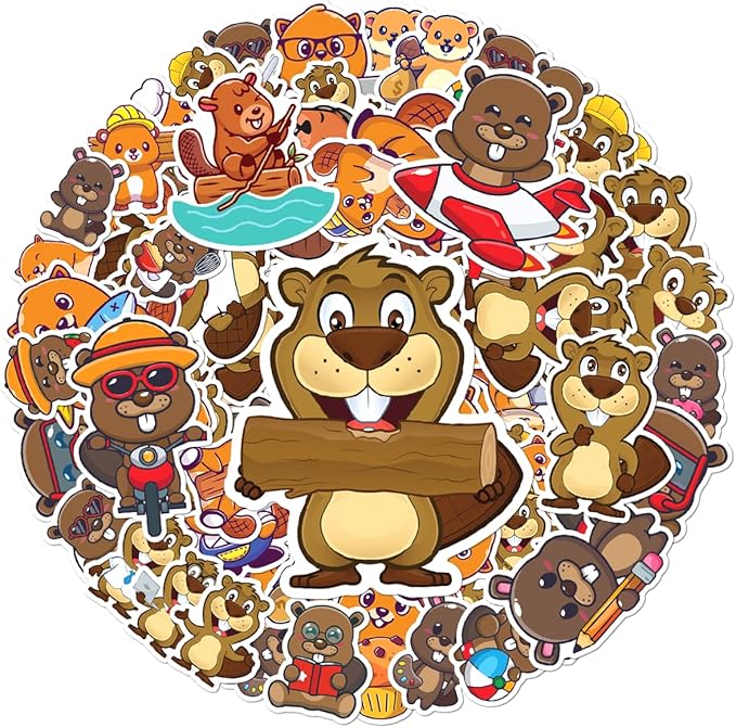 Cute Beaver Cartoon Stickers Pack 50Pcs Waterproof Vinyl Animal Decals for Laptop Water Bottles Notebooks Skateboard Luggage Scrapbooking Fun Aesthetic Gift
