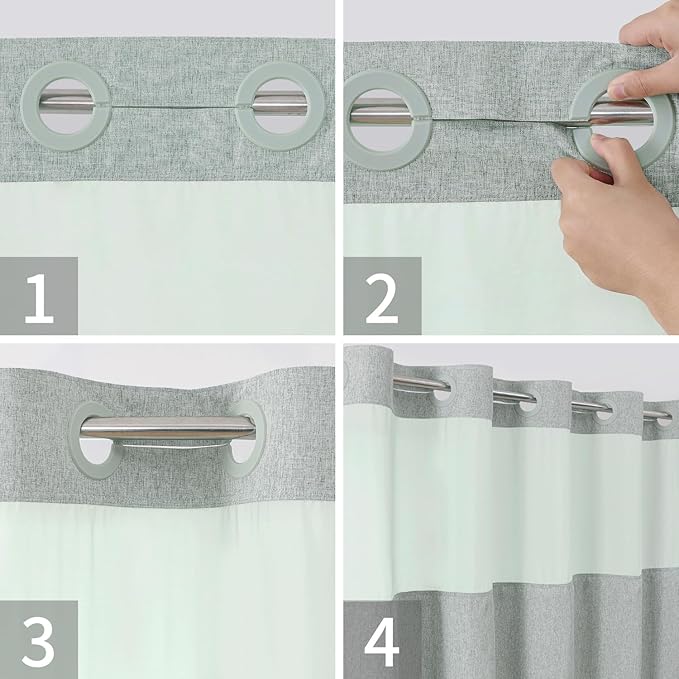 Extra Long No Hooks Needed Linen Textured Shower Curtain with Snap-in Fabric Liner Set,Sage Green Hotel Luxury Decor Shower Curtains for Bathroom,Waterproof & Washable,71Wx86H