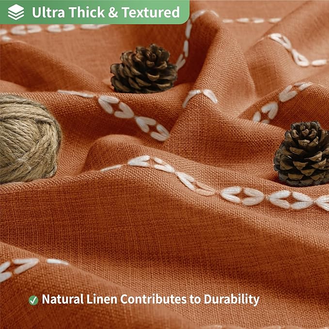 Boho Farmhouse No Hook Shower Curtain Set with Snap-in Fabric Liner,Heavy-Duty Linen Textured Rustic Striped Design,Water-Repellent with Tassels and Sheer Window,Orange,71x74