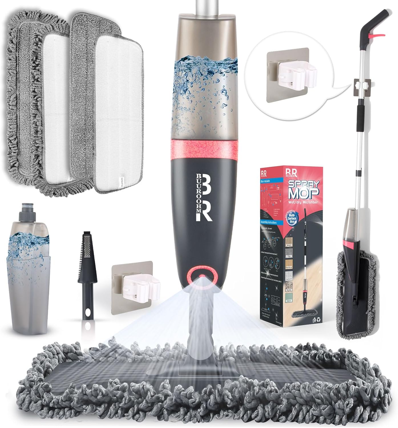 Microfiber Spray Mop for Floors Dry and Wet Mop with Dusting 360 Rotation for Kitchen, Hardwood, Laminate, Tile Floors Includes 4 Refill Heads, Scraper, Holder & Spray Bottle