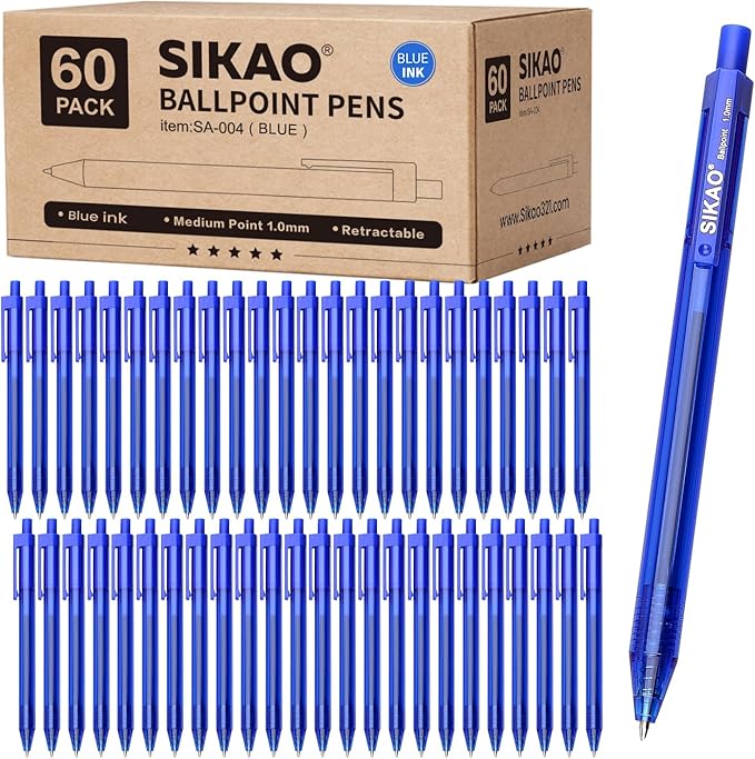 Blue Pens Bulk, 60 Pack Retractable Ballpoint Pens, Blue Ink 1.0mm Medium Point Smooth Writing No-Smear, Multipack Click Pens for Teachers, Students, Servers, School & Office Supplies