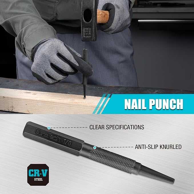 DURATECH 18 Piece Punch/Chisel/Alignment Tool Set, Including Pin, Center and Nail Punches, Alignment Tool, Cold Chisels, Chisel Gauge, with Rolling Pouch
