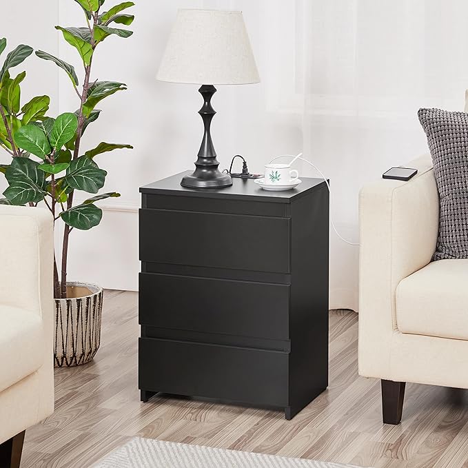 Yaheetech Nightstand with Charging Station, Wood Bedside Table with 3 Drawers, Bedside Storage Cabinet Unit with 2 USB Ports & Power Outlets for Bedroom/Small Space/Home Office, Black