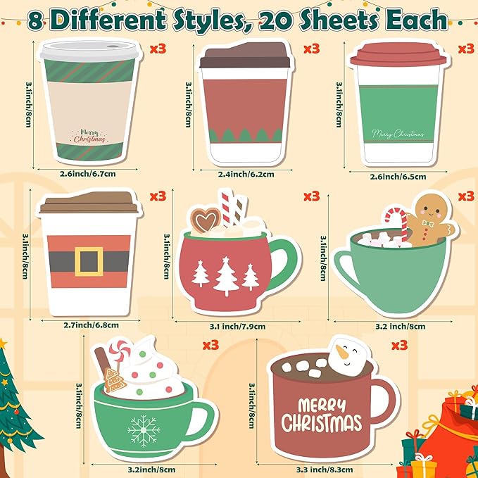 Xqumoi Christmas Coffee Cup Sticky Notes with Pen Gift Set - 24 Set Xmas Tree Self Sticky Writing Memo Pads Ballpoint Pens with Mesh Bag Party Favors School Classroom Rewards Office Suppliess
