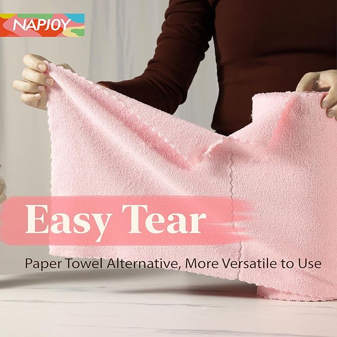 Napjoy Microfiber Cleaning Cloth Roll, 75PK Easy Tear Away Reusable Paper Towels, 12" x 12", Lint-Free and Scratch-Free with Patented Fiber Technology Microfiber Towel Roll, Pink