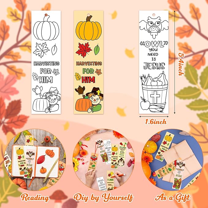 Fall Color Your Own Bookmarks for Kids - 120Pcs Religious Theme DIY Coloring Blank Bookmark Christian Classroom Art Craft Supplies for Teachers Students Gift Party Sunday School Reward Goodie Fillers