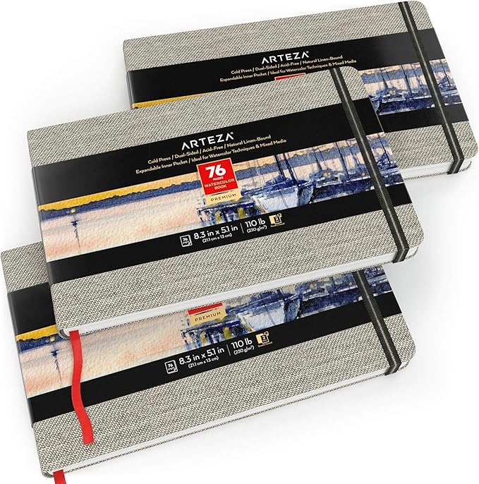 ARTEZA Watercolor Book, Pack of 3, 76 Pages Each, 5.1x8.3 Inch Watercolor Notebook, 110lb/230gsm Cold Pressed Water Pad