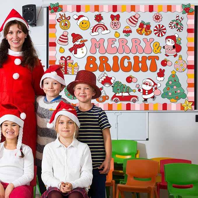 Groovy Christmas Bulletin Board Decoration Set Retro Merry Christmas Borders Cutouts for Xmas Holiday Party School Classroom Door Welcome Bulletin Board Craft Home Wall(Merry & Bright)