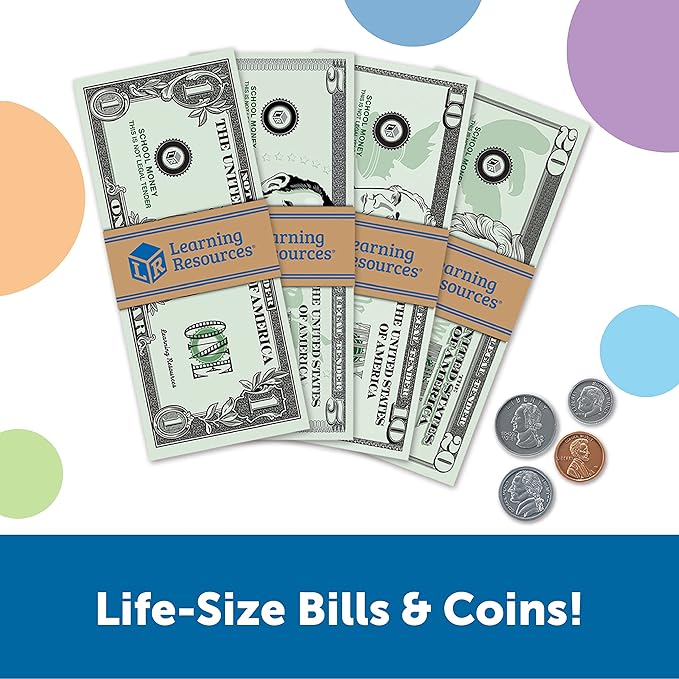 Learning Resources Pretend Play Money - Math Manipulatives for Kids, Kids Bank, Plastic Coins, Cash Register, Toddler, Homeschool Supplies, Fine Motor Skills, Teaching Set Manipulatives