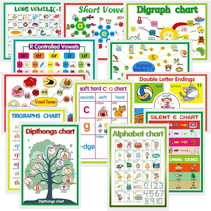 12 English Phonics Language Arts Skills Charts for Toddlers| Learning Vowels Anchor Posters, Sight Words Poster Alphabet Bulletin Board for Home,Kindergarten,Primary School,Classroom Decor(8.2x 12'')