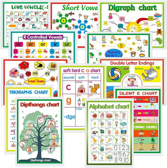 12 English Phonics Language Arts Skills Charts for Toddlers| Learning Vowels Anchor Posters, Sight Words Poster Alphabet Bulletin Board for Home,Kindergarten,Primary School,Classroom Decor(8.2x 12'')