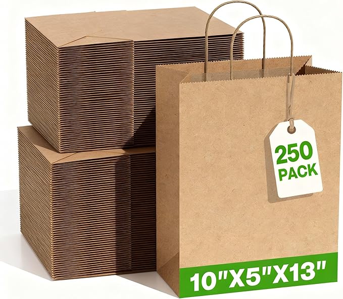 Simple Deluxe 250 Pack Kraft Paper Bags with Handles 10x5x13 - Made in USA -15 Lb Max Load - 100% Recycled Natural Brown Shopping Bags for Retail, Gifts & Merchandise (Premium 90GSM)