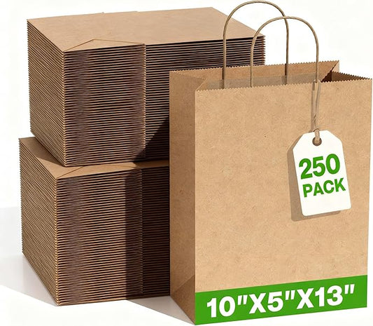Simple Deluxe 250 Pack Kraft Paper Bags with Handles 10x5x13 - Made in USA -15 Lb Max Load - 100% Recycled Natural Brown Shopping Bags for Retail, Gifts & Merchandise (Premium 90GSM)