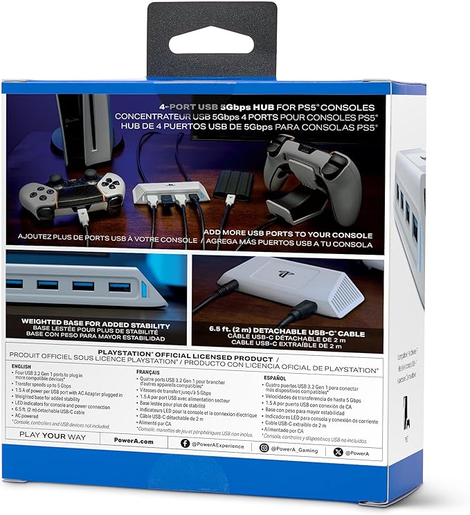 PowerA 4-Port USB 5Gbps Hub for PlayStation®5, USB 3.2, AC Powered, Weighted Base, Officially Licensed
