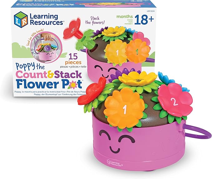 Learning Resources Poppy the Count & Stack Flower Pot - 15 Pieces, Ages 18+ Months, Toddler Fine Motor and Sensory Toys, Preschool Activity, Montessori