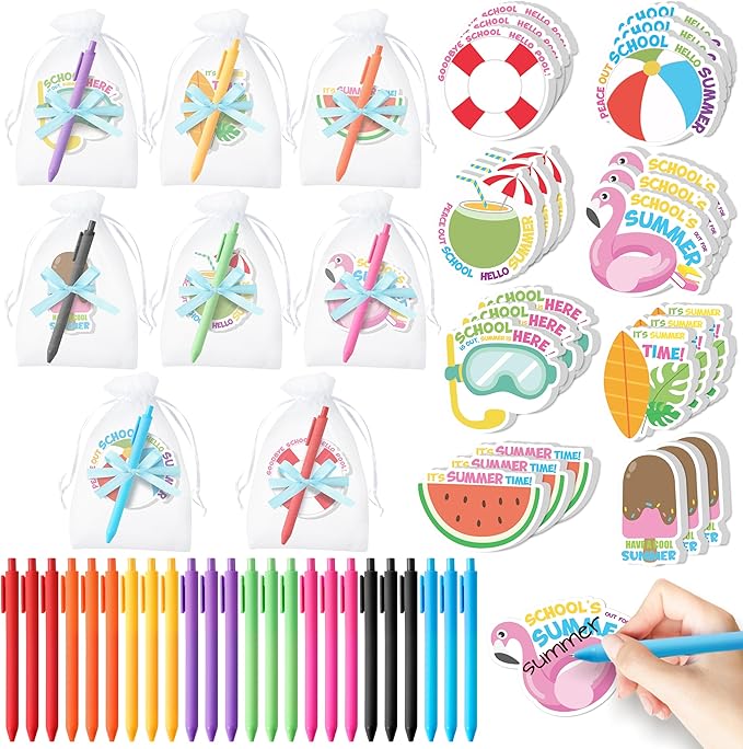 Xqumoi Summer End of The Year Sticky Notes with Pen Gift Set - 24 Set Graduation Gift Pool Beach Self Sticky Writing Memo Pads Ballpoint Pens with Mesh Bag Party Favors School Classroom Supplies