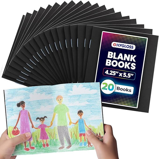 Hygloss Blank Books - Bulk 20 Pack – 4.25" x 5.5" A6 Black Paperback Blank Books for Kids to Write Stories, Doodle, Arts & Crafts – Plain Drawing Sketchbook, Unlined Journal, Notebook Without Lines