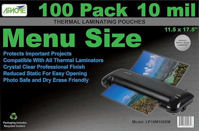 Apache 100 Pack Laminating Pouches 10 mil, Holds 11 x 17 Inch Menu Size (11.5 x 17.5 Inch Sheets), Office and School Supplies, Thermal Laminating Sheets, Super Clear, Round Corner