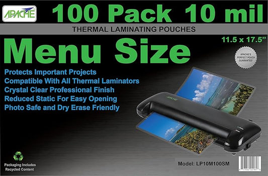Apache 100 Pack Laminating Pouches 10 mil, Holds 11 x 17 Inch Menu Size (11.5 x 17.5 Inch Sheets), Office and School Supplies, Thermal Laminating Sheets, Super Clear, Round Corner