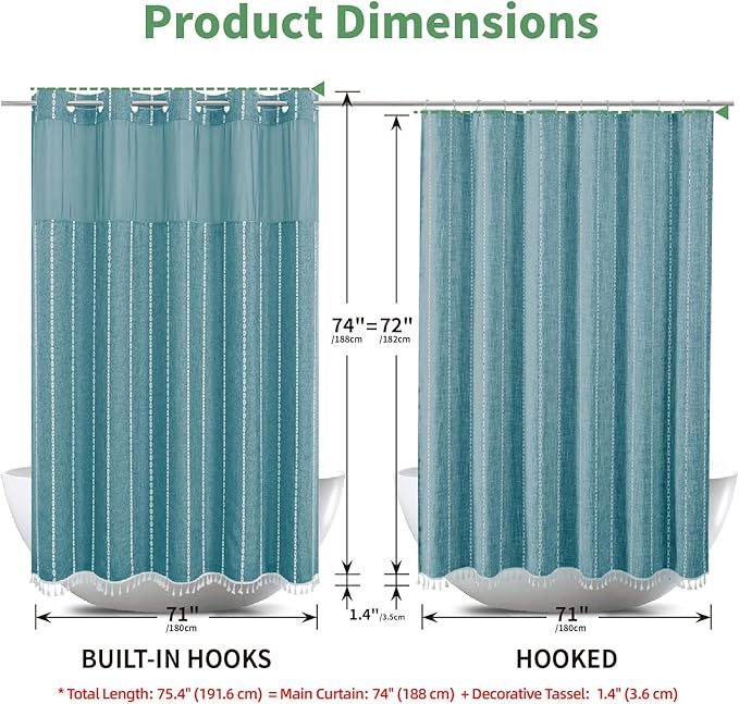 Boho Farmhouse No Hook Shower Curtain Set with Snap-in Fabric Liner,Heavy-Duty Linen Textured Rustic Striped Design,Water-Repellent with Tassels and Sheer Window,Teal,71x74