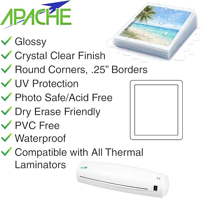 Apache 300 Pack Laminating Pouches 3 mil, Holds 8.5 x 11 Inch Letter Size (9 x 11.5 Inch Sheets), Office and School Supplies, Thermal Laminating Sheets, Super Clear, Round Corner