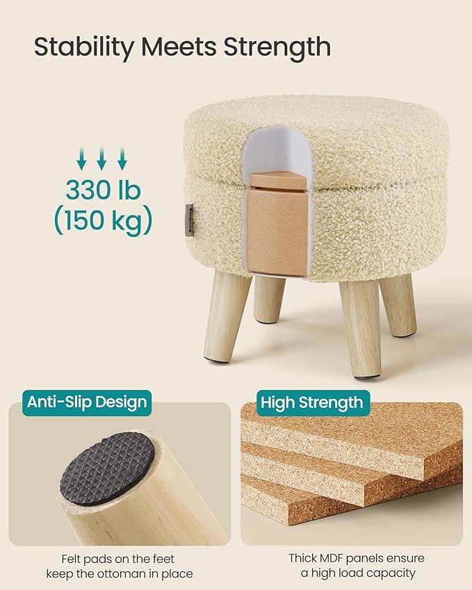 SONGMICS Storage Ottoman, Foot Stool, Round Ottoman with Padded Seat, Foot Rest with Wood Legs, Small Table, for Hallway, Living Room, 12.2 Inches, Teddy Fleece, Summer Sand ULOM515LF01