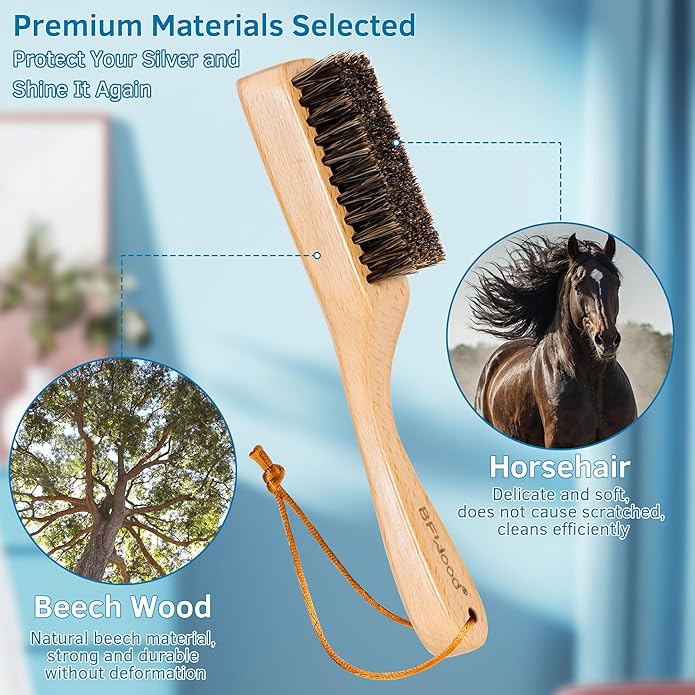 BFWood Horsehair Silver Brush - Detailing Brush Set for Silverware - Jewelry Cleaning Brushes for Sterling, Cutlery, Metal - Perfect Match for Silver Polish