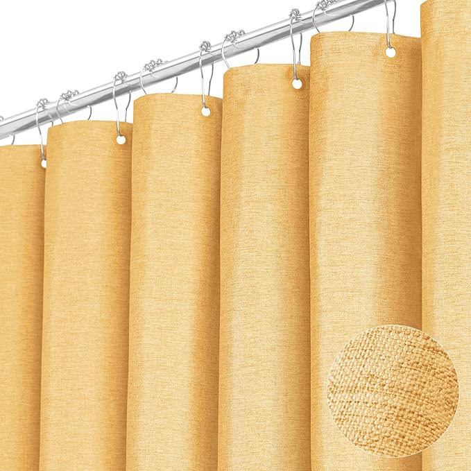 BTTN Extra Long Shower Curtain - 84 Inch Long Linen Textured Heavy Duty Fabric Shower Curtain Set with 12 Plastic Hooks, Hotel Spa Simple Polyester Bath Curtains for Bathroom, 72x 84, Gold