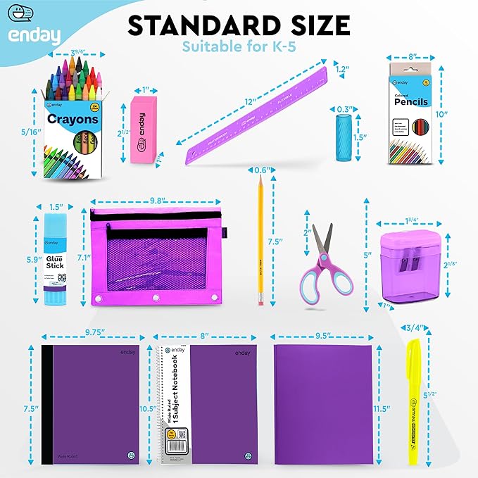 Back to School Supplies for Kids, Purple School Supply Box Grades K-5, Premium Quality Kids School Supplies Kit, Kindergarten School Supplies for Girls and Boys, 71 Piece Set - by Enday