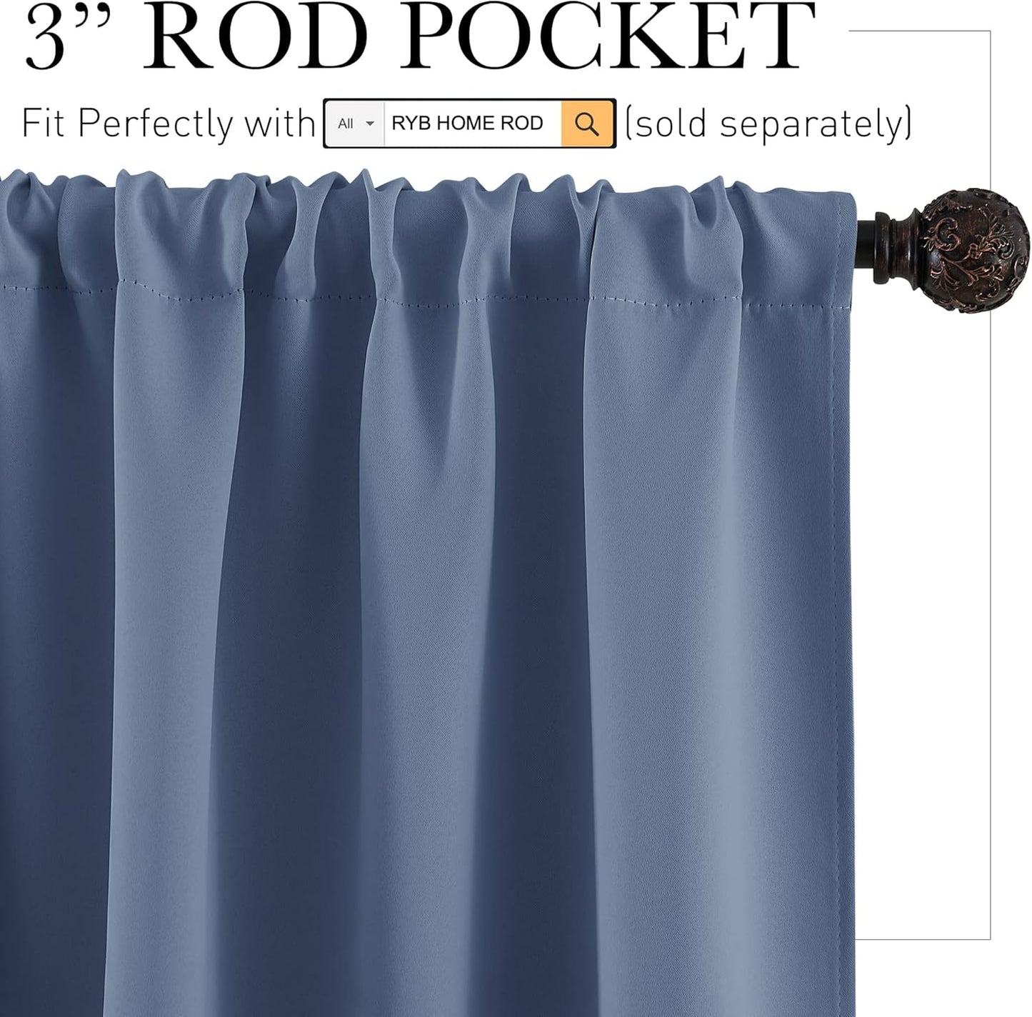 RYB HOME Bedroom Blackout Curtains - Room Darkening Noise Reducing Curtains & Drapes Solid Durable Privacy Window Treatment for Studio Living Room Playroom, W42 x L72 inch, Stone Blue, 1 Pair
