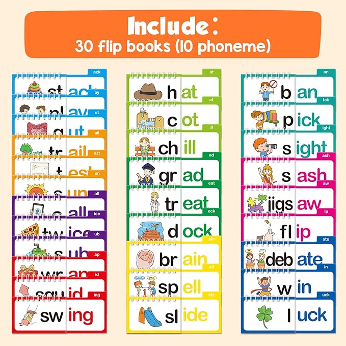 Phonics Flash Cards Word Family Build Book,Learn to Read 30 Read and Rhyme Flip Books,Sight Words Flash Cards Kindergarten Phonics Flip Books for Kids Classroom Homeschool Preschool Learning Activity