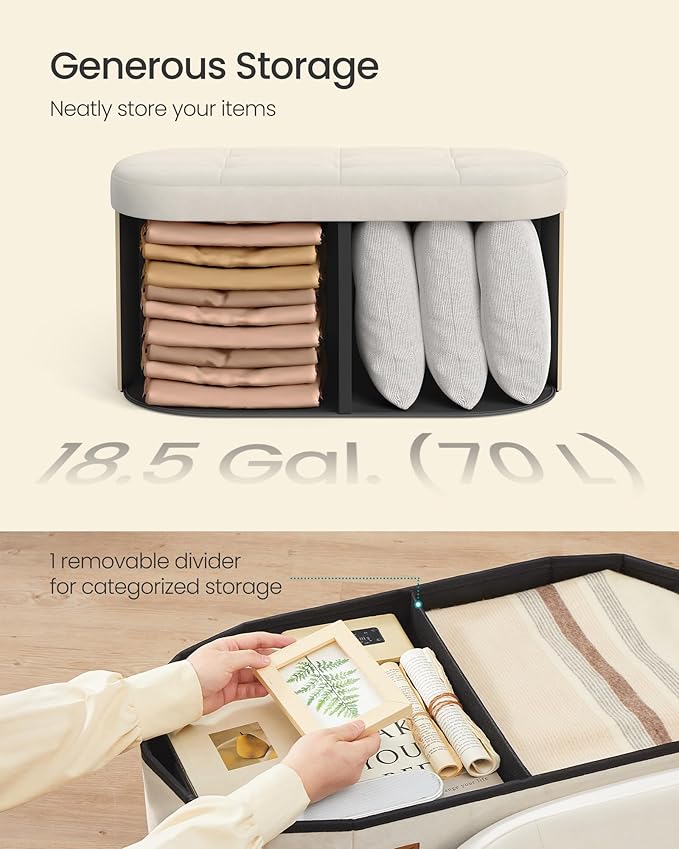 SONGMICS Mazie Collection - Folding Ottoman with Storage, Oval Storage Ottoman Bench, for Living Room, Bedroom, Velvet Fabric, 15 x 30 x 15 Inches, Cream White ULSF267LH01