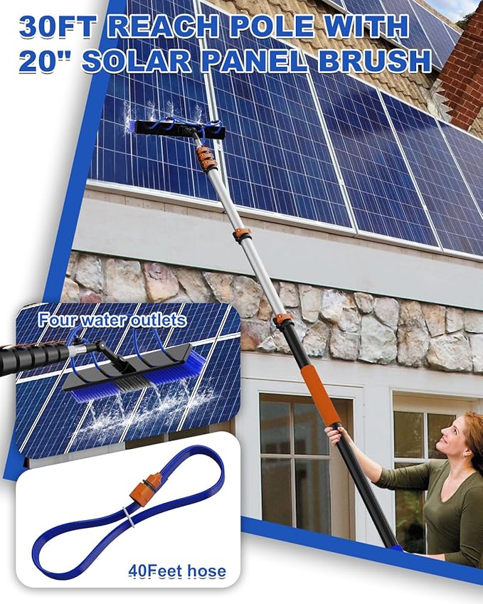 30Ft Reach Solar Panel Cleaning Brush Kit with 5-24ft Telescoping Pole, Water Fed Window Cleaner Tool with 20" Brush, Soap Dispenser, Cobweb Duster, Squeegee for Roof, CV, Gutter, Boat, Deck