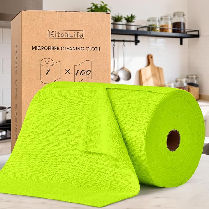 KitchLife Microfiber Cleaning Cloth Roll, 100 Pack - Tear-Away Microfiber Paper Towels, Lint-Free, Reusable, Washable for Kitchen, Car, Dishes, and Sensitive Surfaces (Neon Green)