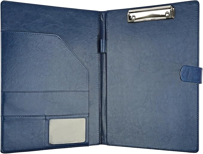 Professional Padfolio with Clipboard, Faux Leather Portfolio Folder Binder, Legal Pad Holder for A4 Letter Size Notepad, Resume, Writing Pad, Ideal Organizer for Business Office Conference (Blue)
