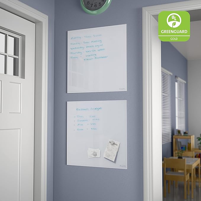 ECR4Kids MessageStor Magnetic Dry-Erase Glass Board with Magnets, 17.5in x 17.5in, Wall-Mounted Whiteboard, White, 2-Pack